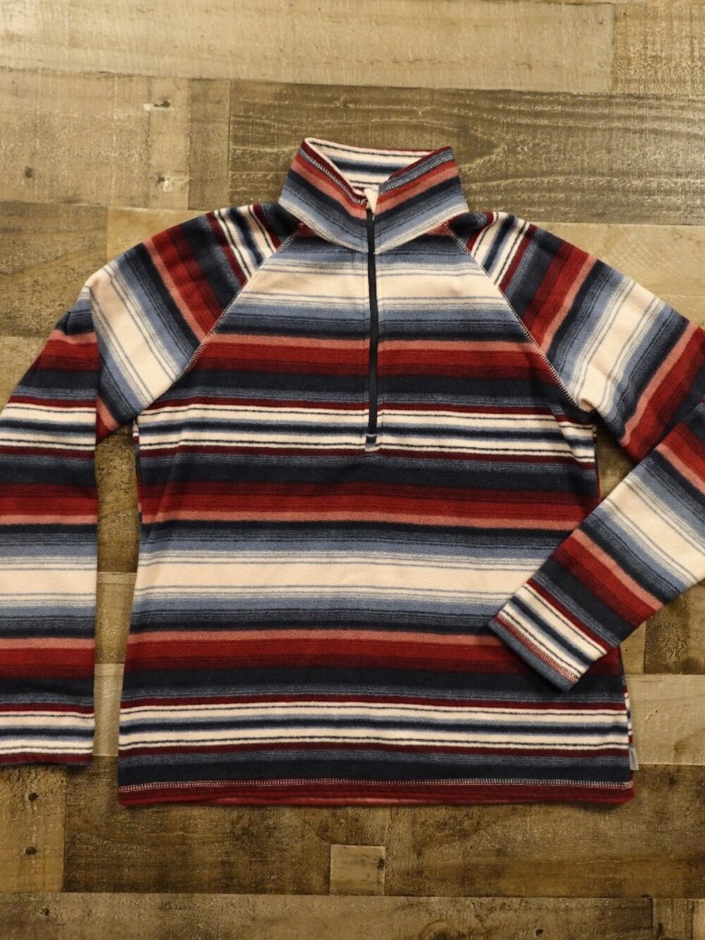 Eddie Bauer Fleece Quarter Zip Pullover Women’s Medium Red Blue Striped